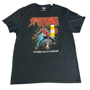 Marvel Spiderman Black Graphic T Shirt Mens Size L 42/44 Web Walk Retro